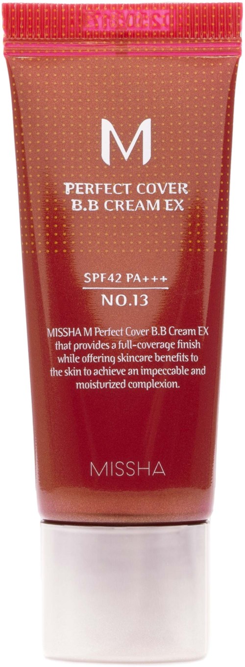 Ein kupferfarbener Tuben von MISSHA Perfect Cover BB Cream mit SPF 42 und PA+++ für volle Abdeckung und feuchtigkeitsspendende Hautpflege.