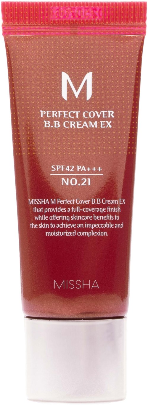 Rote Tube mit Missha BB-Creme, SPF42, PA+++ und No.21. Enthält Produktbeschreibung und Markennamen Missha.