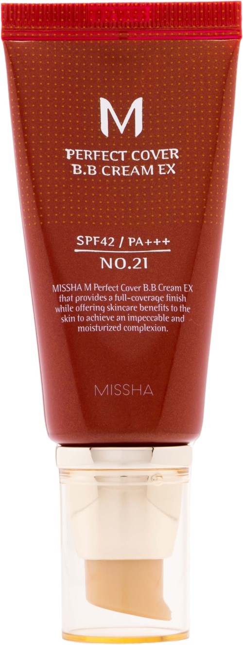 A red tube of Missha Perfect Cover BB Cream with a beige cap, labeled with product details and SPF protection.