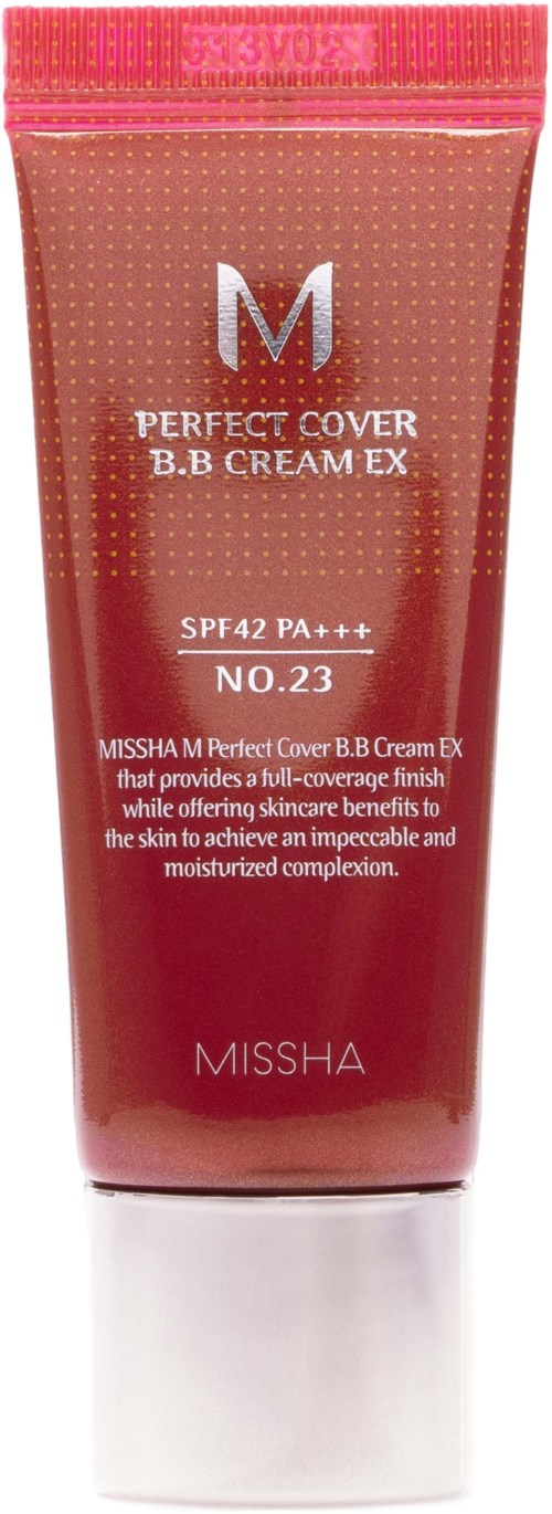 Rote Tube von Missha Perfect Cover B.B Cream mit SPF42, zeigt Marke, Produktname und wichtige Merkmale.