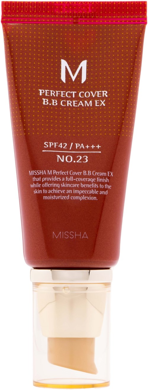 A red tube of Missha Perfect Cover B.B. Cream EX with SPF42 and PA+++. It has a white cap and product description.