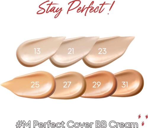 Six different shades of BB cream labeled with numbers from 13 to 31, with the text "Stay Perfect!" at the top.