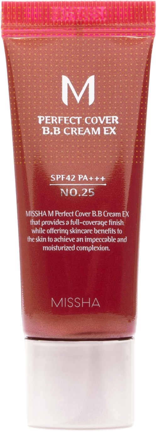 Rote Tube von Missha BB-Cream mit SPF42, gekennzeichnet 'Perfect Cover'.