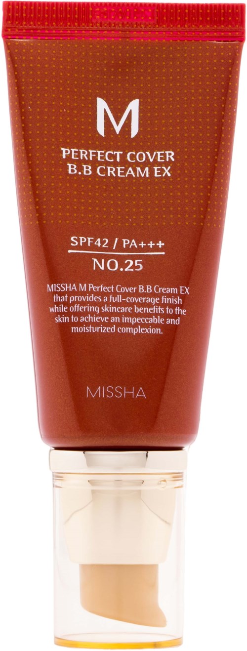 Rote Tube mit weißer Kappe, gekennzeichnet Missha Perfect Cover B.B Cream EX, SPF42, bietet Abdeckung, Sonnenschutz und einen Beigetton.