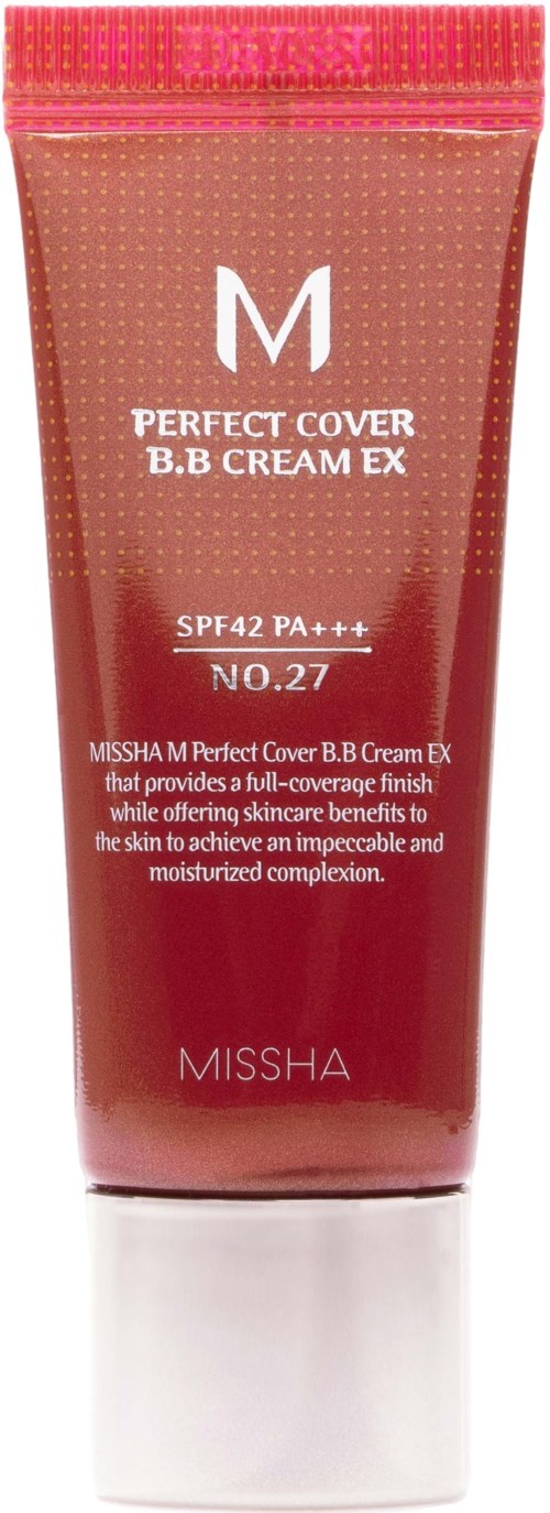 Eine rote Tube Missha Perfect Cover B.B Cream EX mit SPF42 PA+++ und Produktinformationen auf der Vorderseite.