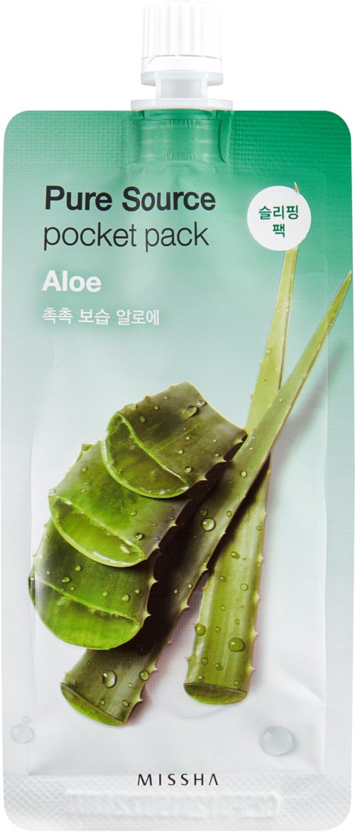 A green aloe vera product pack with a spout, labeled 'Pure Source pocket pack Aloe,' showing aloe leaves.
