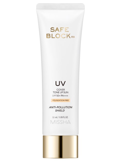 En hvit tube med solkrem, merket 'SAFE BLOCK RX UV COVER TONE UP SUN SPF 50+' med gullhette.