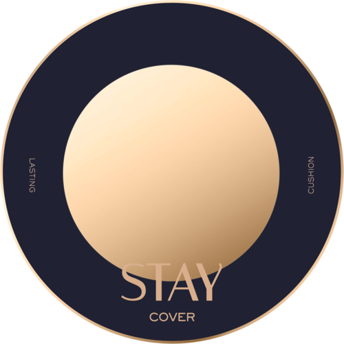 Bildet viser en makeup-compact med svart lokk, ord som "cover" og "lasting" og et beige pulver inni.