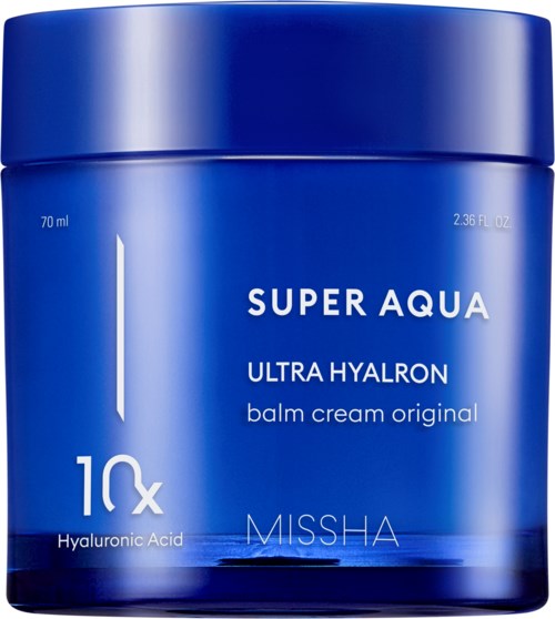 Blue jar of Missha Super Aqua Ultra Hyalron balm cream, contains 70ml, claims to have 10 times hyaluronic acid.