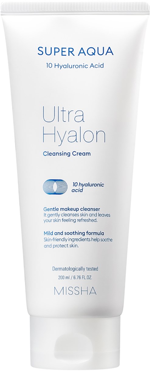 Eine weiße Tube mit Hautpflegecreme namens Super Aqua Ultra Hyaluron, mit 10 Hyaluronsäure, sanfter Reiniger und beruhigende Formel.