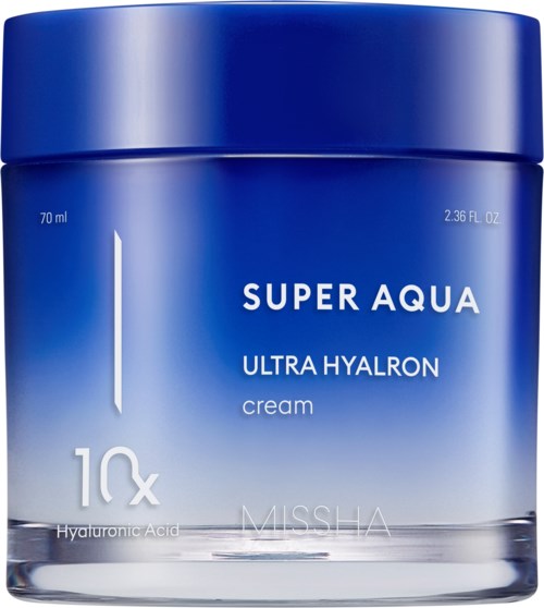 A blue jar of Missha Super Aqua Ultra Hyalron cream with 70 ml volume, featuring white text and simple design.