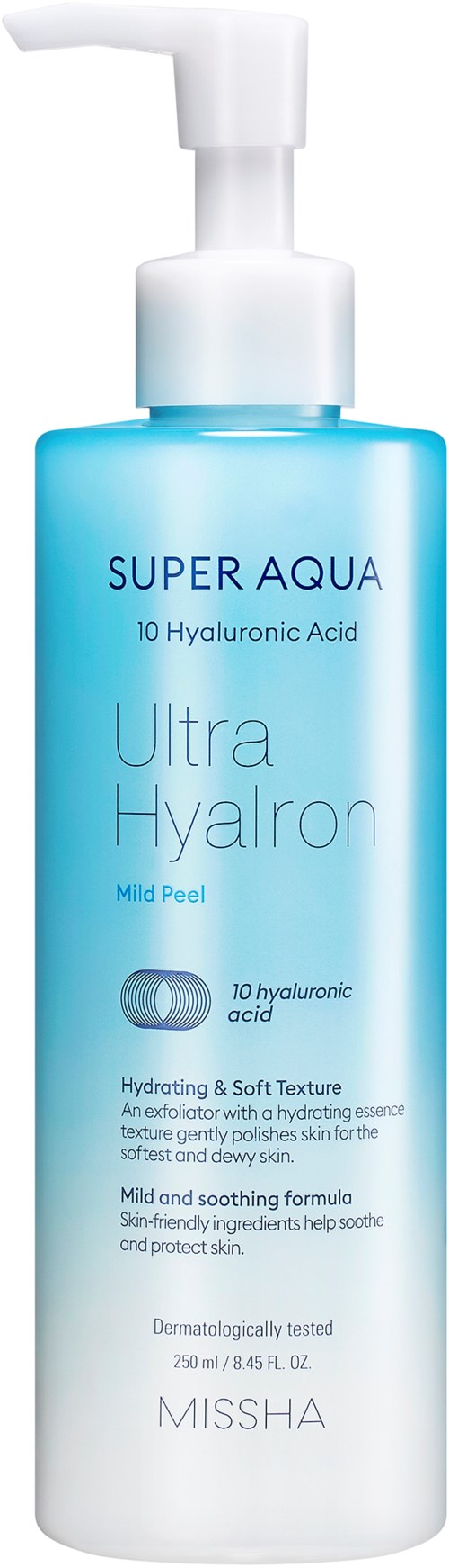 Een blauwe fles met pomp, gelabeld 'Super Aqua 10 Hyaluronic Acid, Ultra Hyalron, Mild Peel, Missha,' voor huidverzorging.