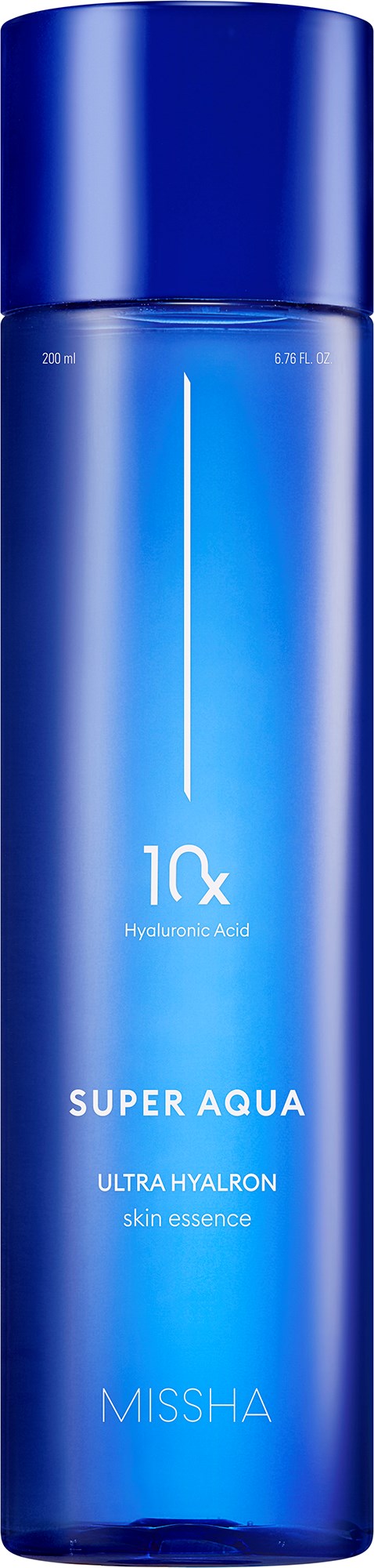 A blue skincare bottle labeled 'Super Aqua Ultra Hyaluron Skin Essence' by Missha.