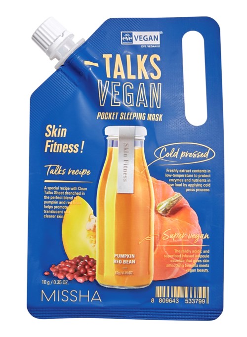 Blå emballasje for en vegansk sove Maske, med bilder av gresskar, rød bønne og fersken, med tekst om hudpleie og kaldprosessering.