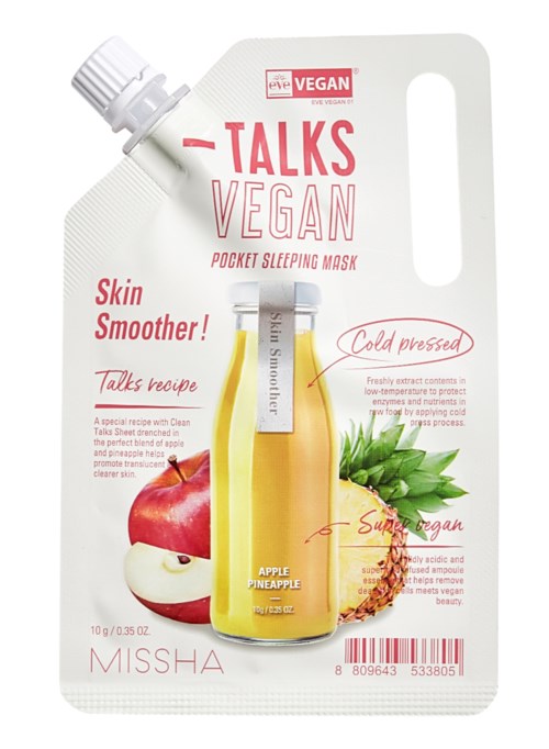 Vegan face mask package with apple, pineapple, and aloe ingredients, claims to smooth skin and promote a clearer complexion.