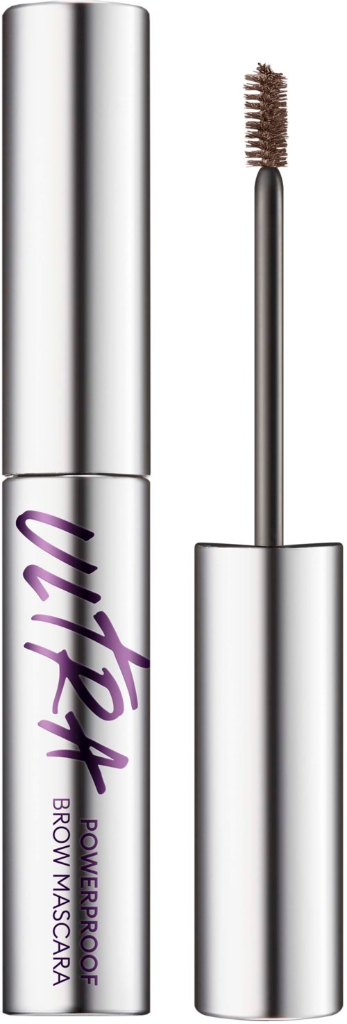 Ett silverfärgat mascara-skal med en borste, märkt 'Powerlash' i lila, ligger mot en svart bakgrund.