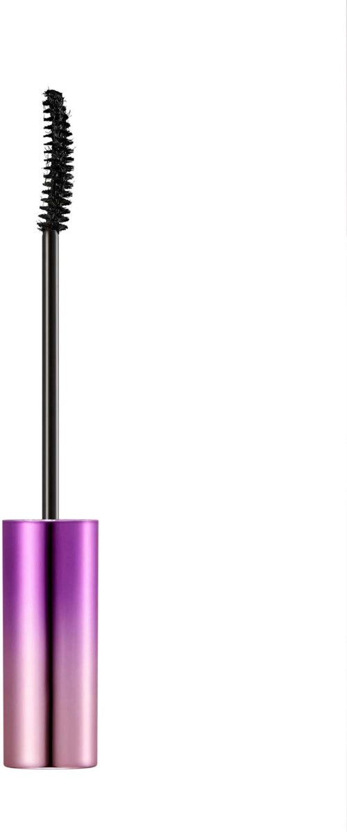 A mascara wand with black bristles and a pink and purple container.