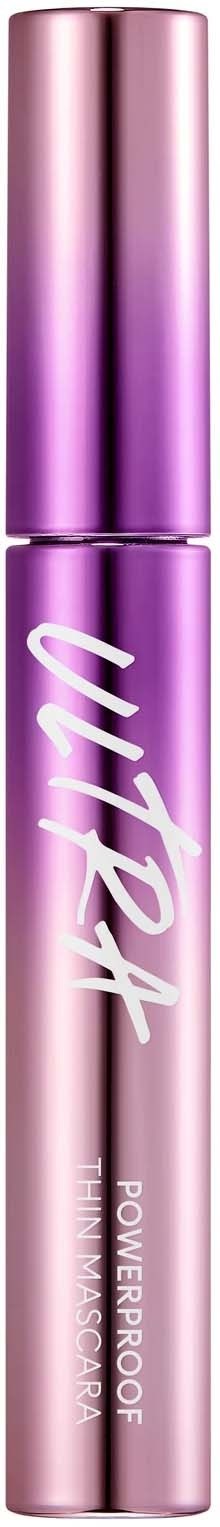 Een roze en paarse mascara-tube met de merknaam Virtra en 'Powerproof' erop.