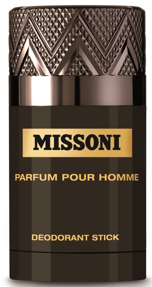 A black deodorant stick with a patterned silver cap and yellowish label says 'MISSONI PARFUM POUR HOMME.'