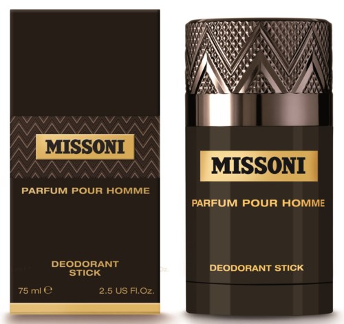 A deodorant stick and box with black and gold packaging, labeled Missoni Parfum Pour Homme.