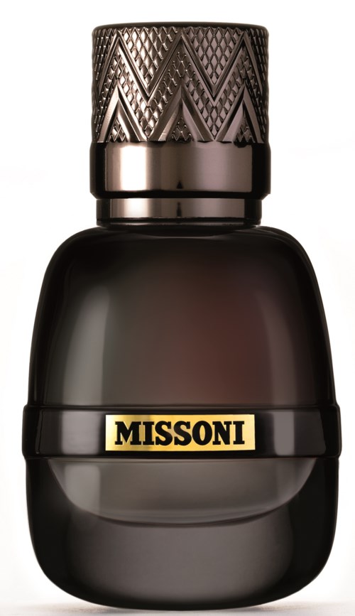 A black perfume bottle with a textured silver cap and a gold label that says "MISSONI".