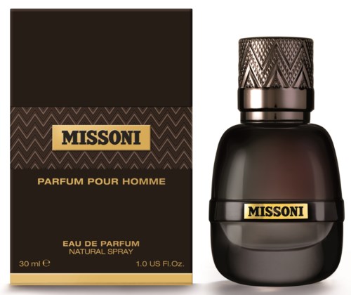 A black perfume bottle with a decorative cap next to a matching box. The label says "Missoni" for men.