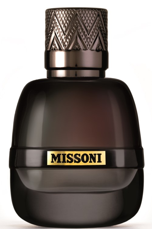 A black perfume bottle with a textured cap and a gold label reading "MISSONI."
