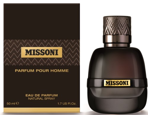 A black perfume bottle with a matching box. The box and bottle have gold and beige labels with the word "MISSONI".