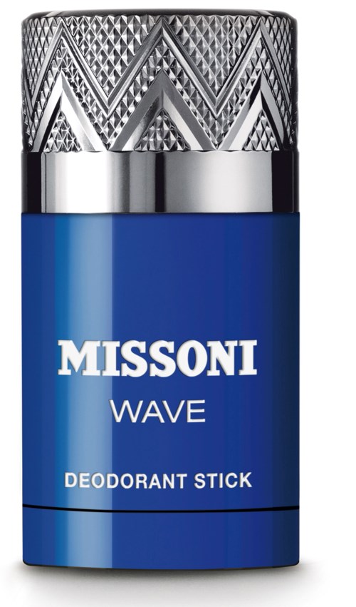 A blue deodorant stick with a silver cap, labeled 'MISSONI WAVE DEODORANT STICK'.