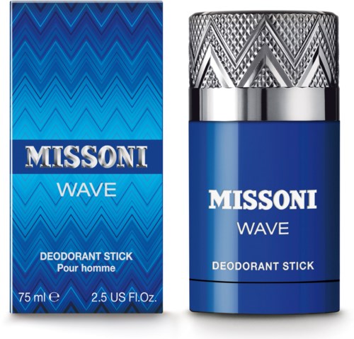 A blue deodorant stick with zigzag patterns on the cap and box. It is named Missoni Wave.