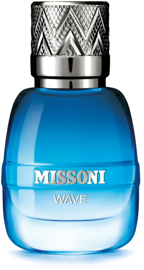 A blue perfume bottle with a silver, patterned cap and the words Missoni Wave on the front.
