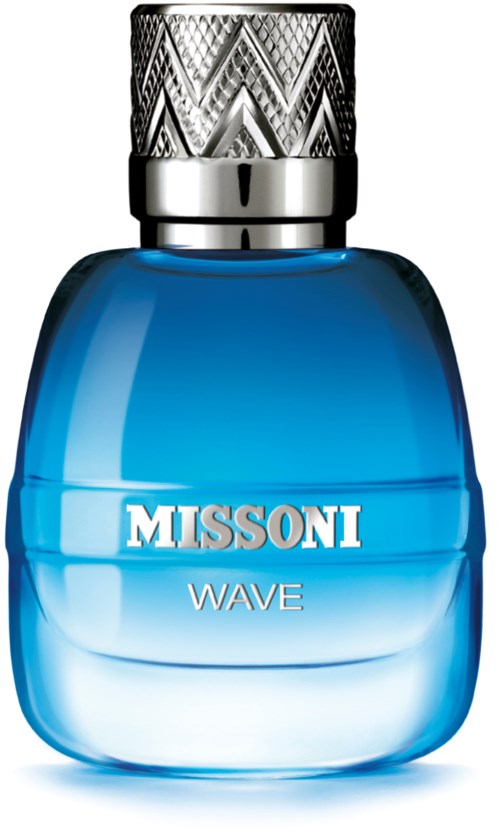 A blue perfume bottle with a silver and black patterned cap and the words 'MISSONI WAVE' on it.