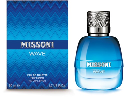 A blue perfume bottle with silver cap next to a matching blue box, both labeled 'Missoni Wave' for men's fragrance.
