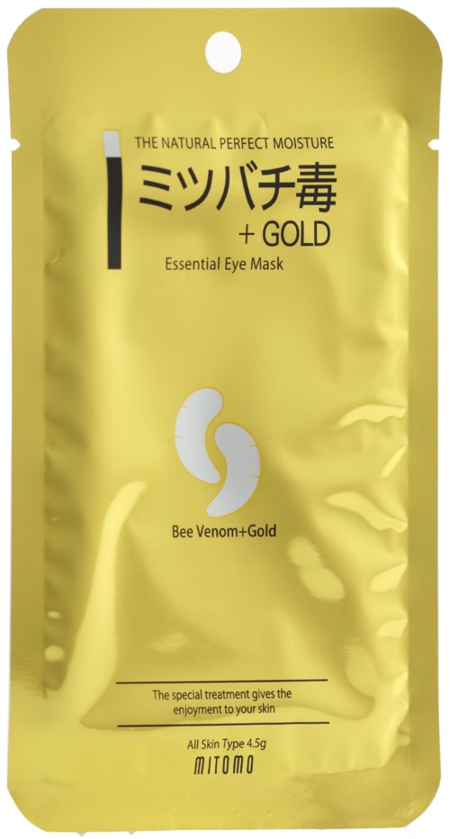 Gele verpakking voor bijengif en gouden oogmasker met Japanse tekens en Engelse beschrijving.