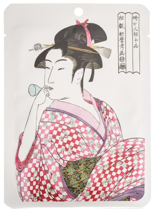 Een vrouw in traditionele Japanse kleding met een elegante kapsel, drinkt uit een beker, in een schilderij of print.