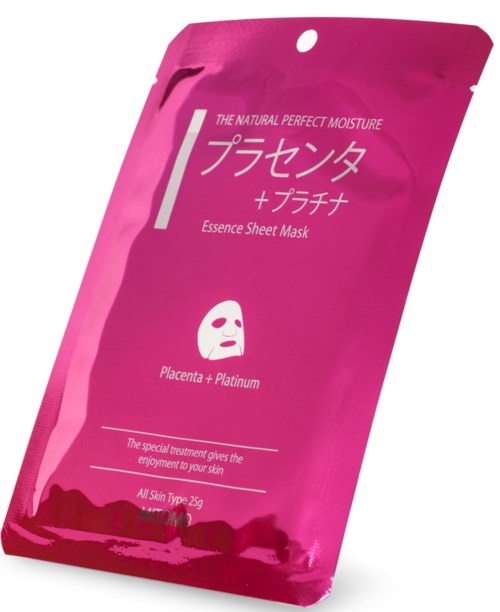 Roze verpakking voor een gezichtsmasker met Japanse tekst, noemt placenta en platinum, bedoeld om de huid te verbeteren.