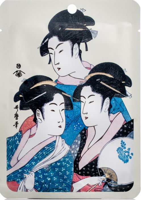 Een illustratie toont drie vrouwen met traditionele Japanse kapsels en kimono's. Ze staan dicht bij elkaar, met zachte, rustige uitdrukkingen.