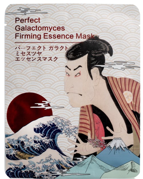 Een traditionele Japanse stijl illustratie met een serieuze man, golven, een rode zon en Mount Fuji op de achtergrond.