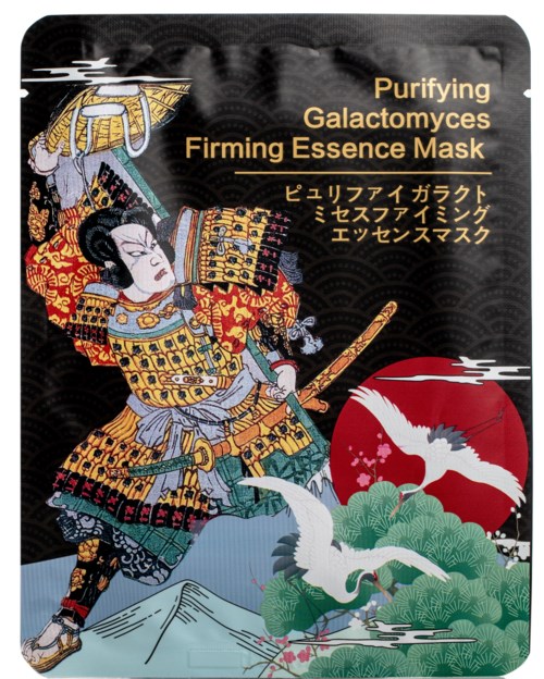 Een traditionele Japanse stijlillustratie van een samoerai, met kraanvogels en een rode zon op de achtergrond.