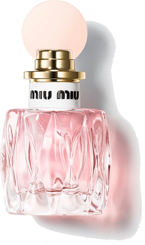 Een roze parfumboteltje met ronde dop en gouden band, met Miu Miu-logo.