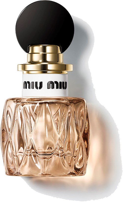 Een designer parfumblaas met een zwarte ronde dop en gouden details, met het Miu Miu-logo.