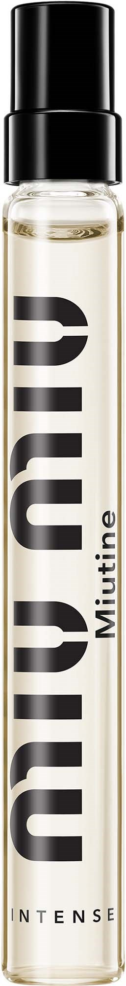 En klar glassparfyrelomme med svart hette, viser etiketten 'Anua Mutine Intense' på en svart bakgrunn.