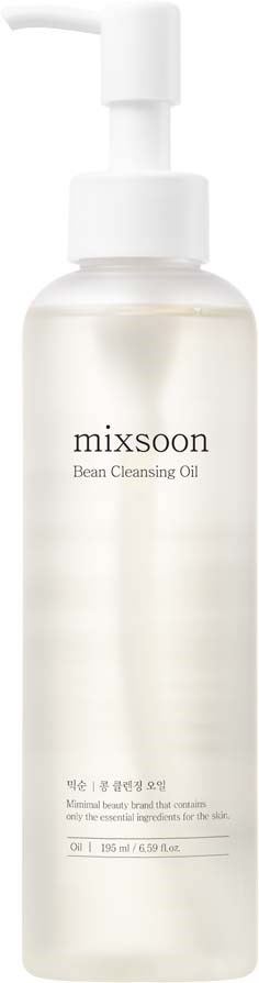 Een witte fles met pomp, met label 'mixsoon Bean Cleansing Oil'.