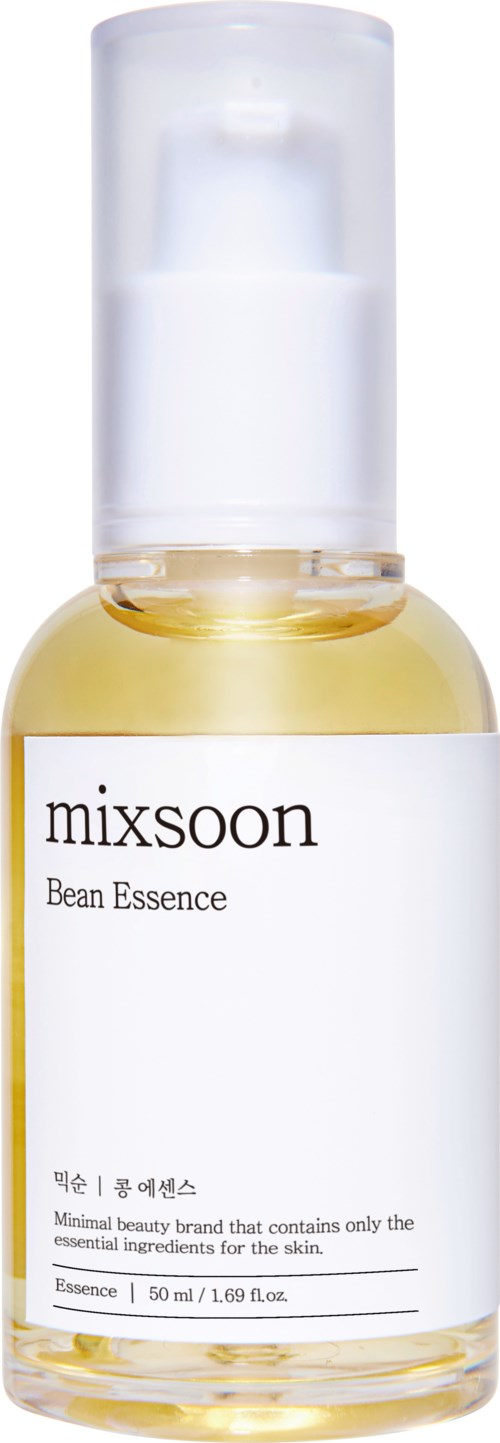 Een kleine fles Mixsoon Bean Essence met een doorzichtige dop en minimale etikettering.