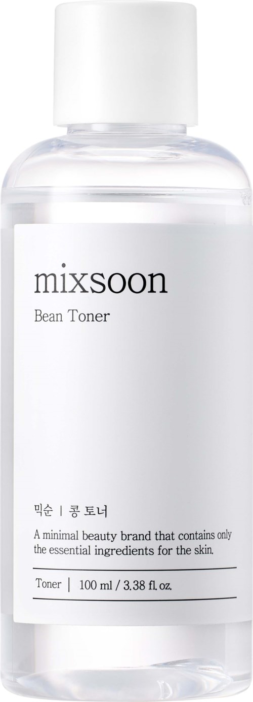 En tydlig plastflaska med mixsoon-bön toner med vit etikett och lock.