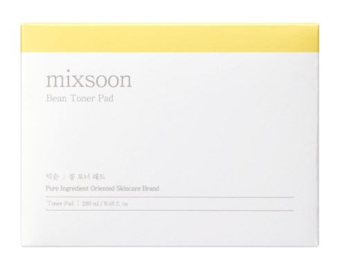 Mixsoon Bean Toner Pad doos in wit en geel, met productgegevens in kleine tekst.