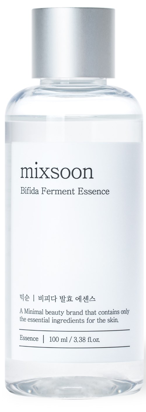 Een heldere fles met zilveren dop bevat 'mixsoon Bifida Ferment Essence'. Het is een huidverzorgingsproduct.