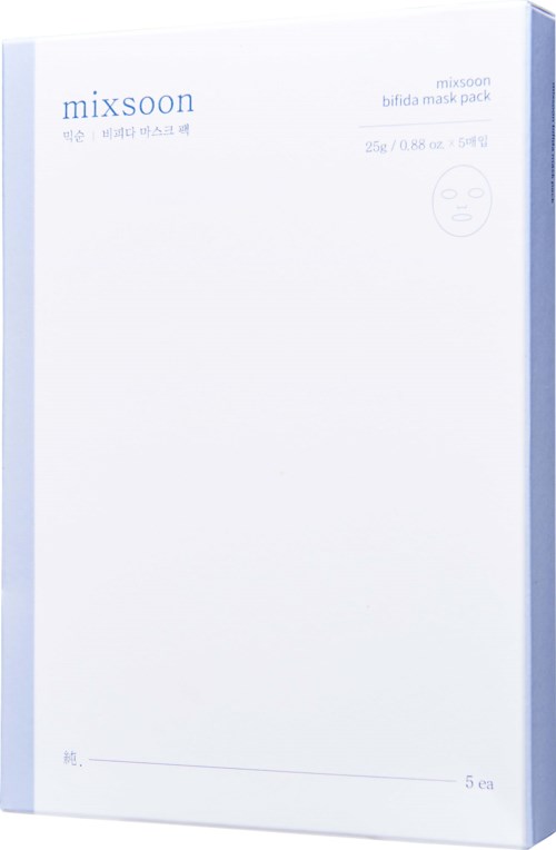 Een witte doos met blauwe zijden, gemarkeerd 'mixsoon' en 'bifida mask pack', toont een gezicht met gezicht.