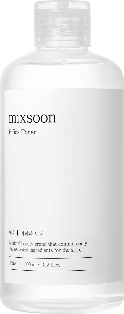 Een witte fles met label Mixsoon Bifda Toner en doorzichtige dop, bevat 300 ml gezichtslotion.
