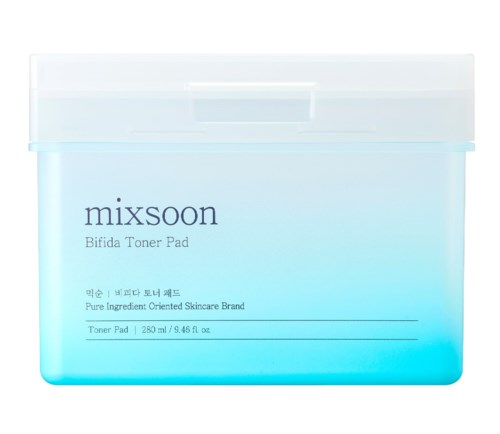 Een lichtblauwe container met label 'mixsoon Bifida Toner Pad' en details over grootte en ingrediënten.